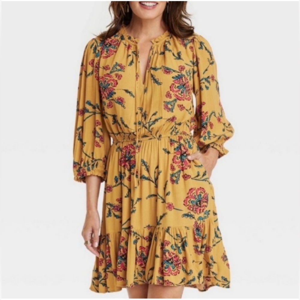 Knox Rose Mustard Floral Long Sleeve Dress, NWT , size XS